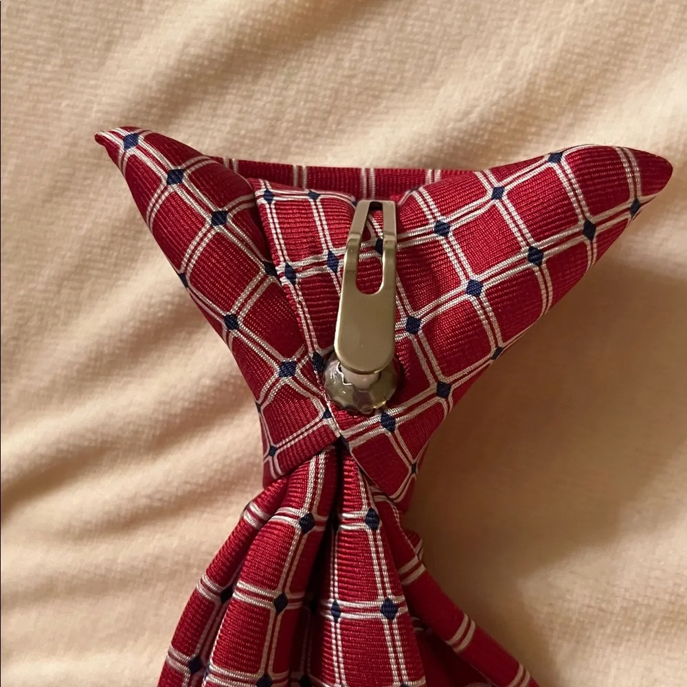 Chaps boy’s CLIP ON silk tie red navy white windowpane handmade worn 1X EUC
